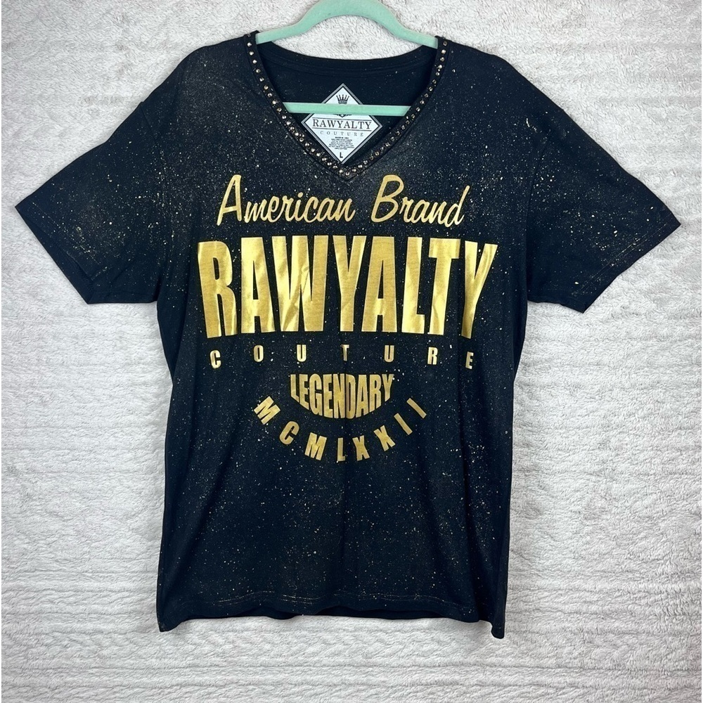 RAWYALTY COUTURE Women's Shirt Large V-Neck Black Spellout